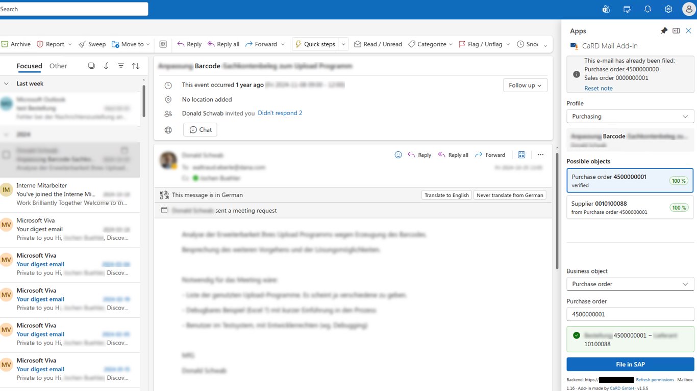 CaRD Mail Add-In as a side panel in Outlook with a validated filing proposal