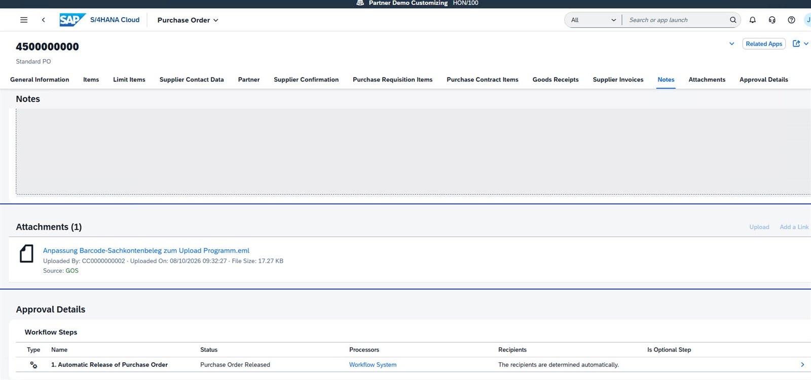 SAP S/4HANA Cloud: die aus Outlook abgelegte E-Mail erscheint als Anlage am Bestellbeleg, Quelle GOS