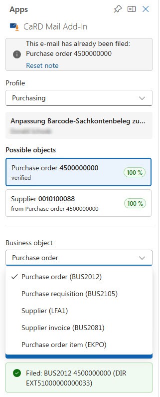 Auswahlliste der SAP-Business-Objekte im Outlook-Add-in: Bestellung (BUS2012), Bestellanforderung (BUS2105), Lieferant (LFA1), Lieferantenrechnung (BUS2081) und Bestellposition (EKPO), darunter die Bestätigung der erfolgten Ablage