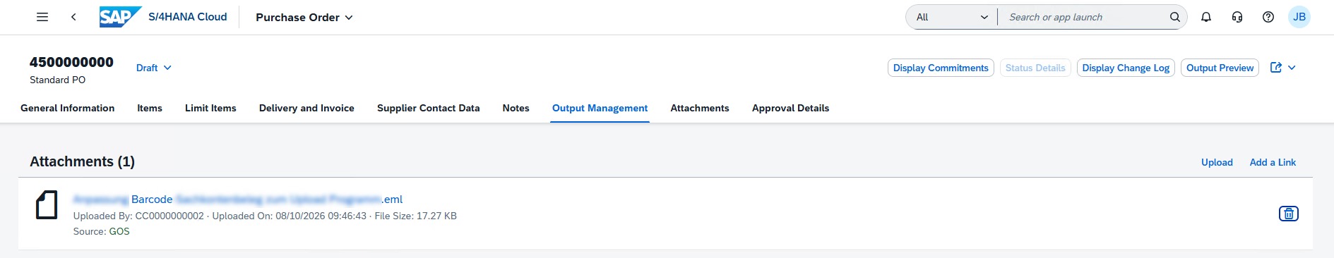 SAP S/4HANA Cloud: purchase order 4500000000 with the attachments tab — the filed document is attached to the record as a GOS attachment