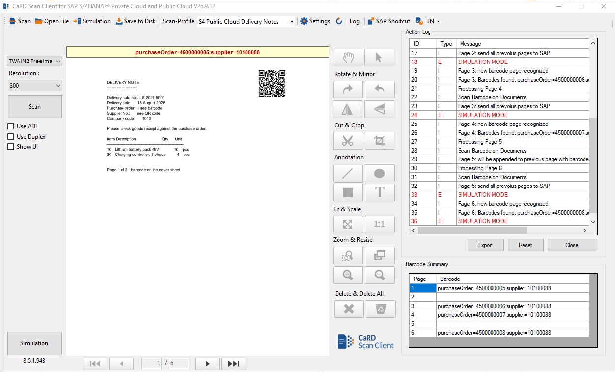 CaRD Scan Client at work: six pages loaded, recognised SAP key above the document, barcode summary with four documents