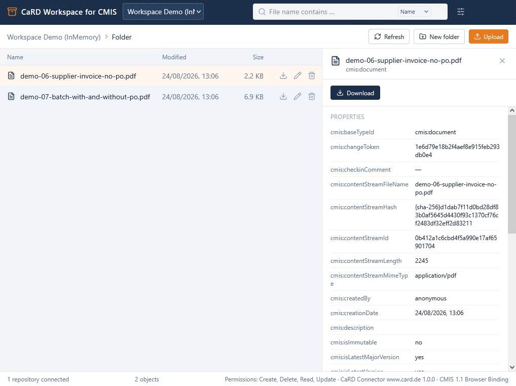 Detailansicht eines Dokuments im CaRD Workspace mit allen CMIS-Eigenschaften