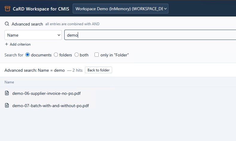Erweiterte Suche im CaRD Workspace mit mehreren Kriterien und Trefferliste