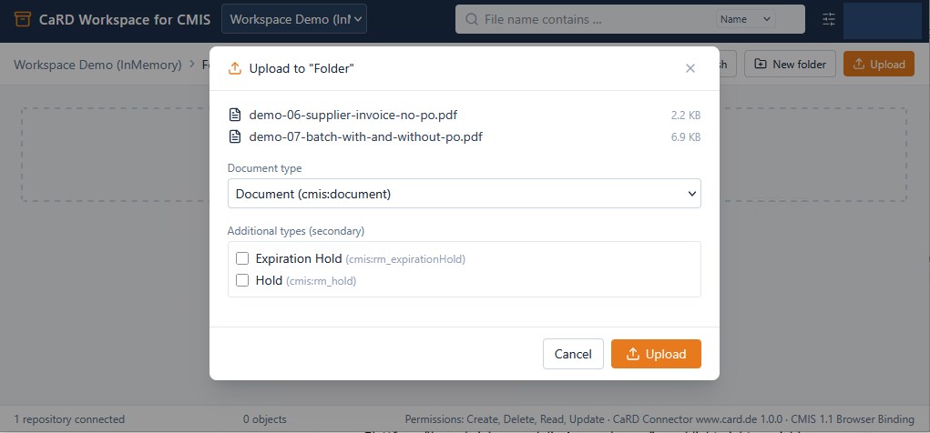 Upload-Dialog des CaRD Workspace mit Dokumenttyp und zusätzlichen Typen für Sperrvermerk und Aufbewahrung